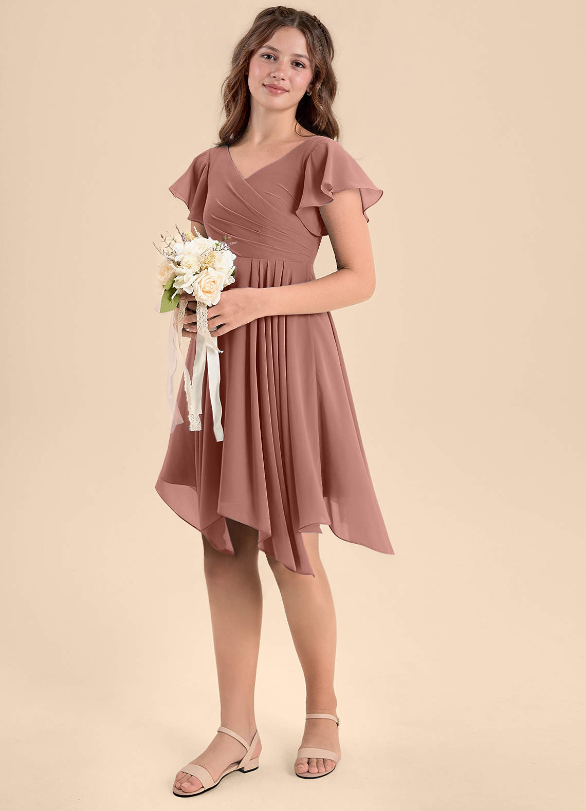 Azazie Janeaurelia Junior Robe Trapèze en Mousseline de soie Plissée Rose De Cèdre image1