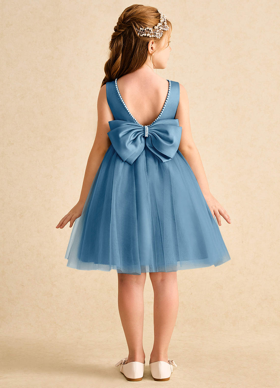 Azazie A-Line Scoop Neck Knee-Length Tulle Flower Girl Dresses - Steel Blue