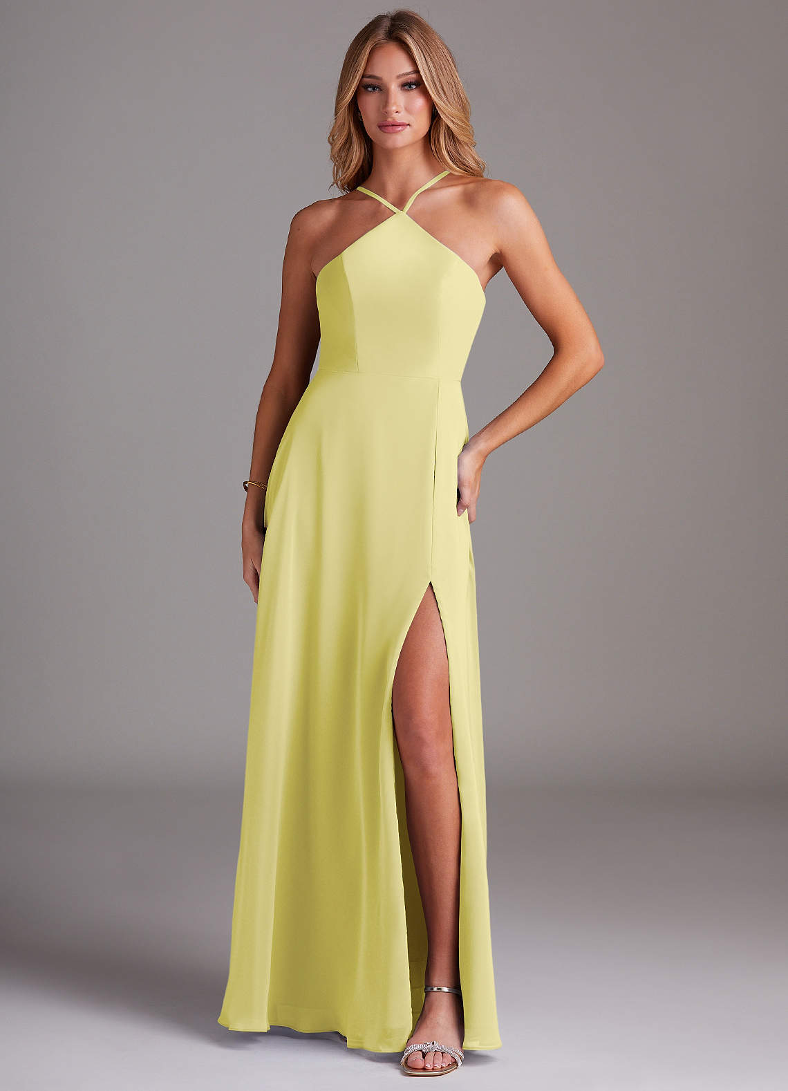 Azazie Bailey Jurken voor bruidsmeisjes Jurk van Chiffon met A-Lijn Halter zijsplit Citroensorbet image1