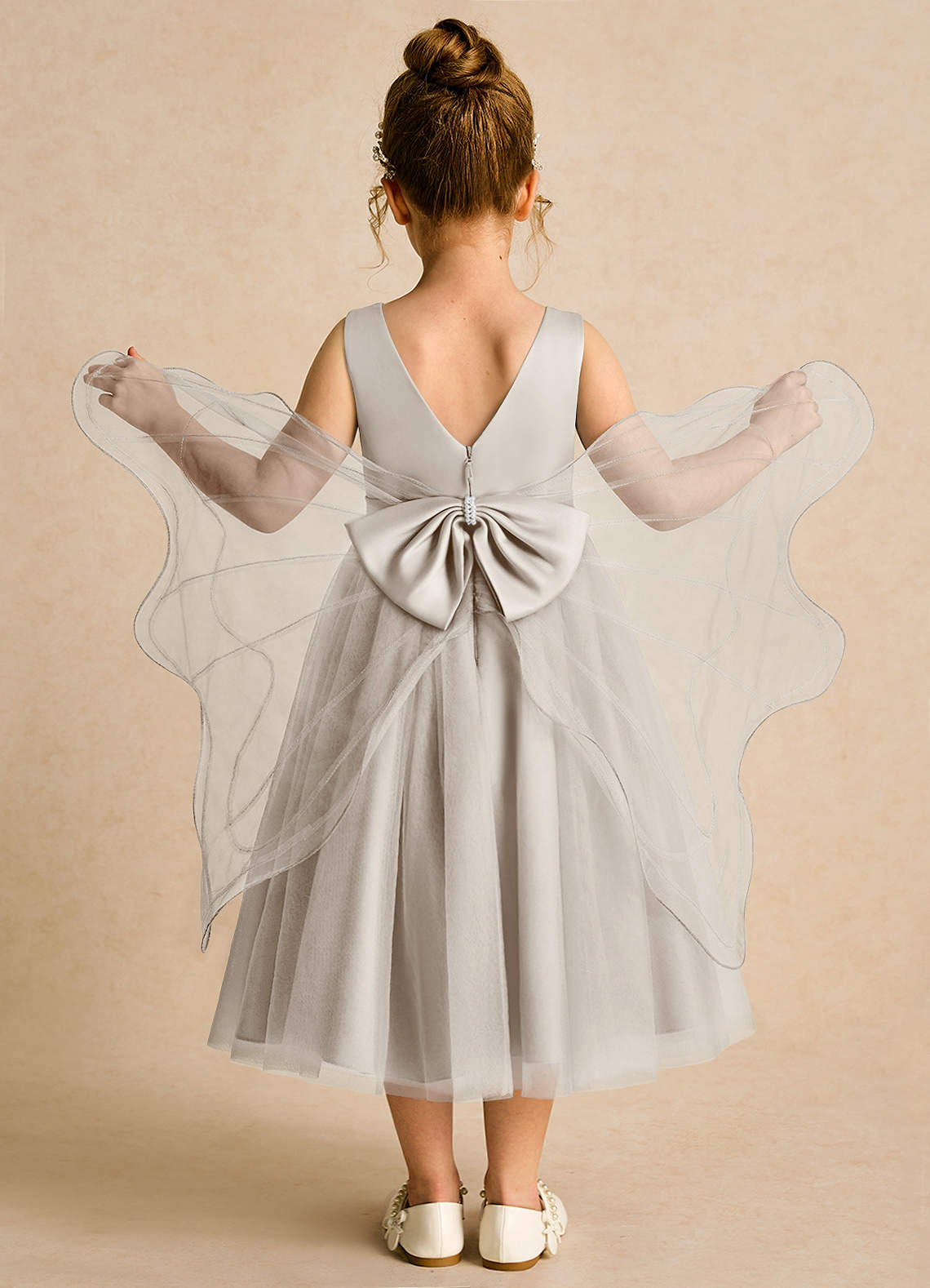 Azazie Pear Blumenmädchenkleider Ballkleid Schleifen Tüll Kleid Frost image1