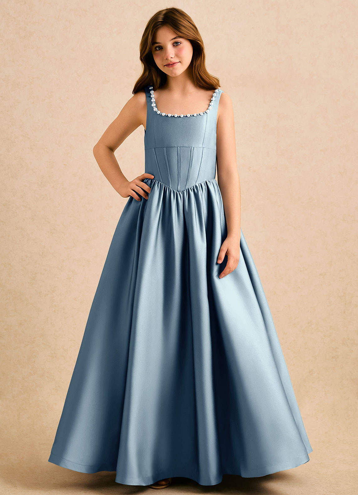 Azazie Enid Girls Formal Kukkatyttöjen mekot A-linja Helmillä koristeltu Joustava satiini Lattian pituus Mekko image3