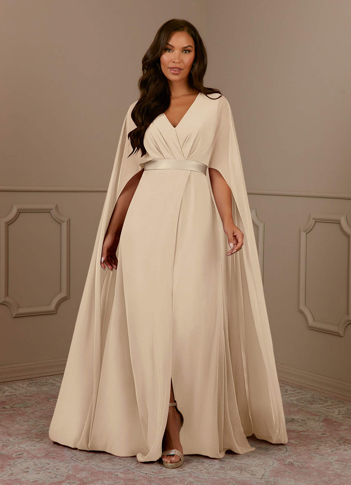 Azazie Isa Mother of the Bride Dresses Champagne A-Line V-Neck Pleated Chiffon Dress image6