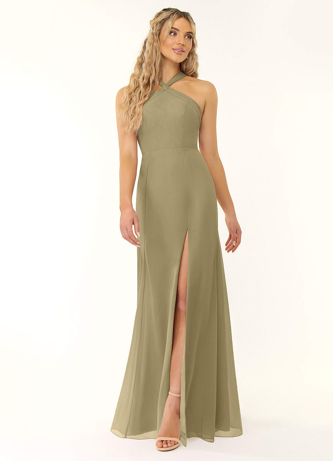 Azazie Rue Bridesmaid Dresses Moss Green A-Line Halter Chiffon Dress image1