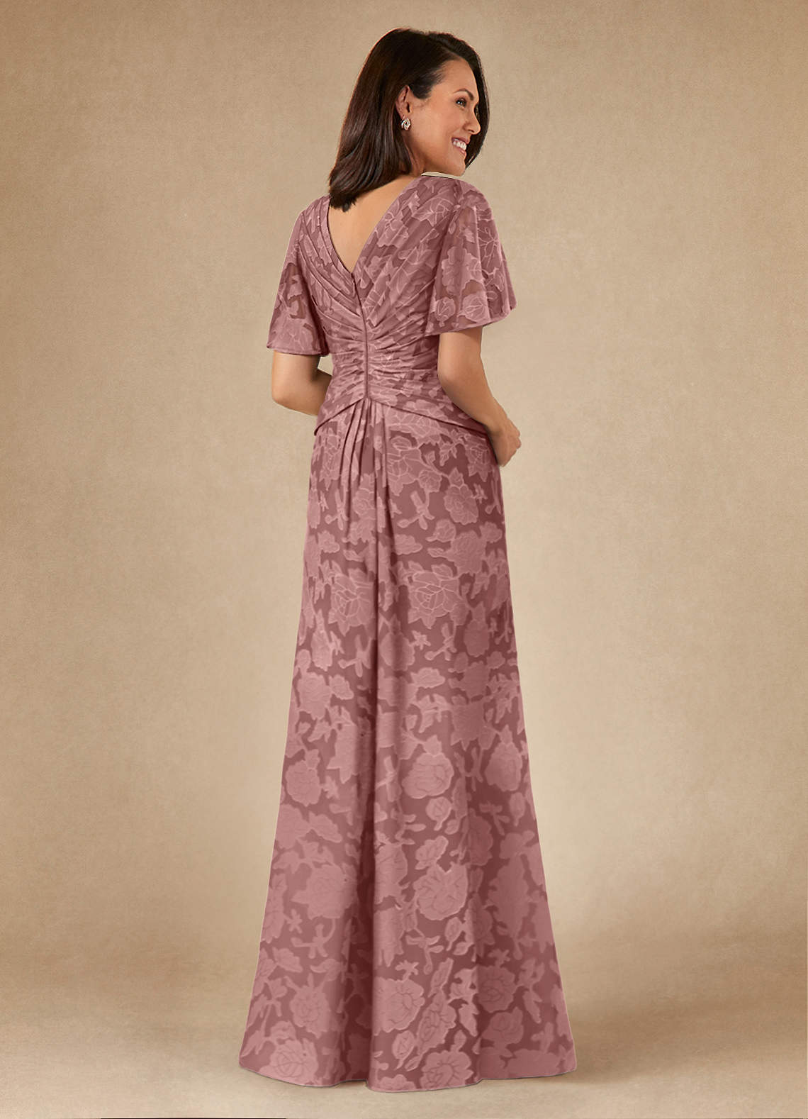 Azazie Emmeline Mother of the Bride Dresses Dusty Rose A-Line Pleated Floral Burnout Dress image1