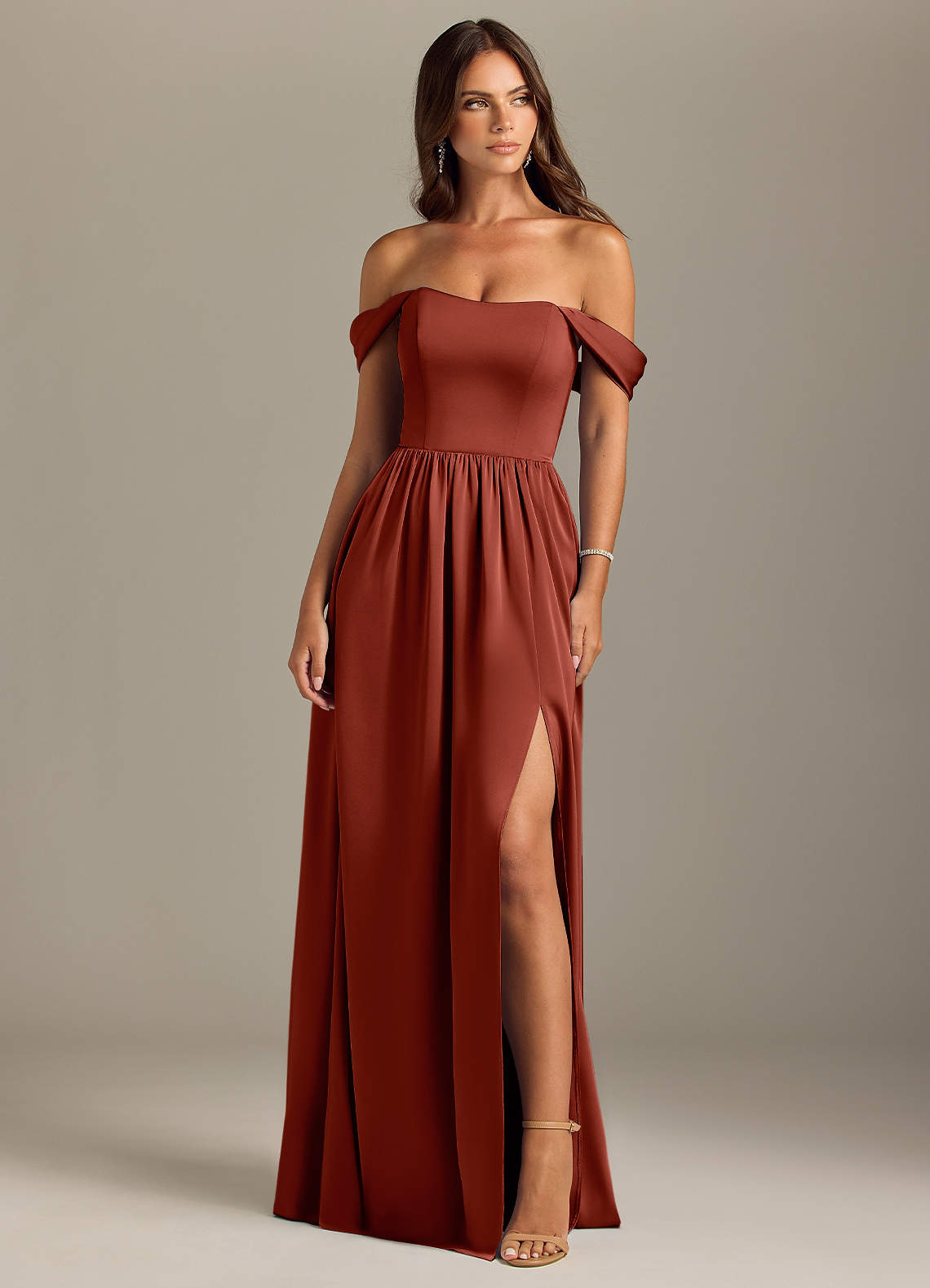Azazie Calianna Bridesmaid Dresses Terracotta A-Line Off the Shoulder Stretch Satin Convertible Dress image1