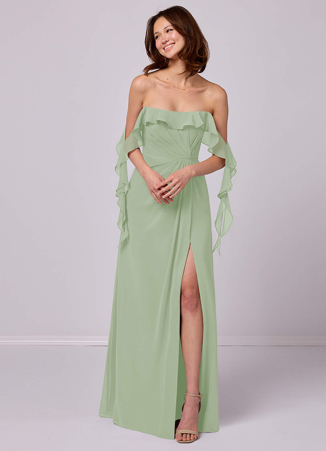 Barbie ♥ Azazie Bridesmaid Dresses Dusty Sage A-Line Off the Shoulder Chiffon Convertible Dress image3