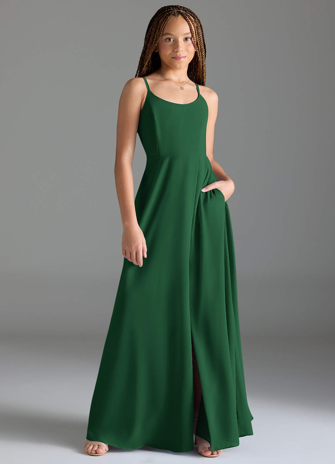 Azazie Moira Junior Dark Green A-Line with Pockets Chiffon Dress image1