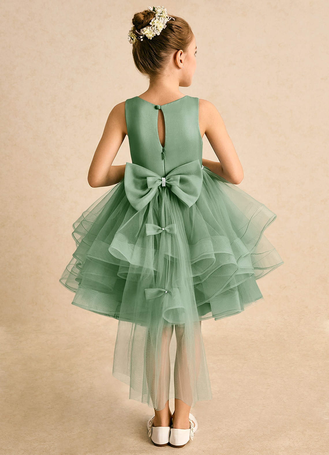 Azazie Tinie Robe Demoiselle D'honneur Fillette Robe Princesse en Tulle Arc Matcha image1