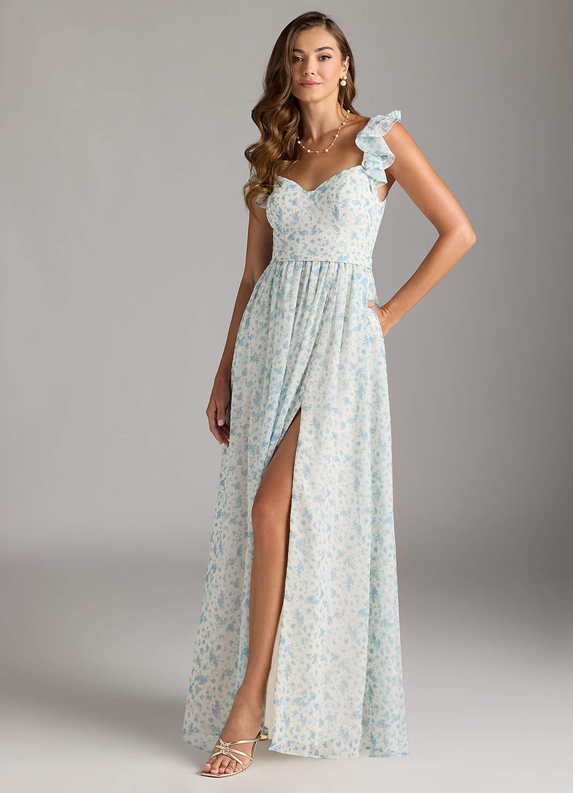 Azazie Nalin Bridesmaid Dresses Blue And White Ditsy Floral A-Line Ruched Chiffon Dress image1