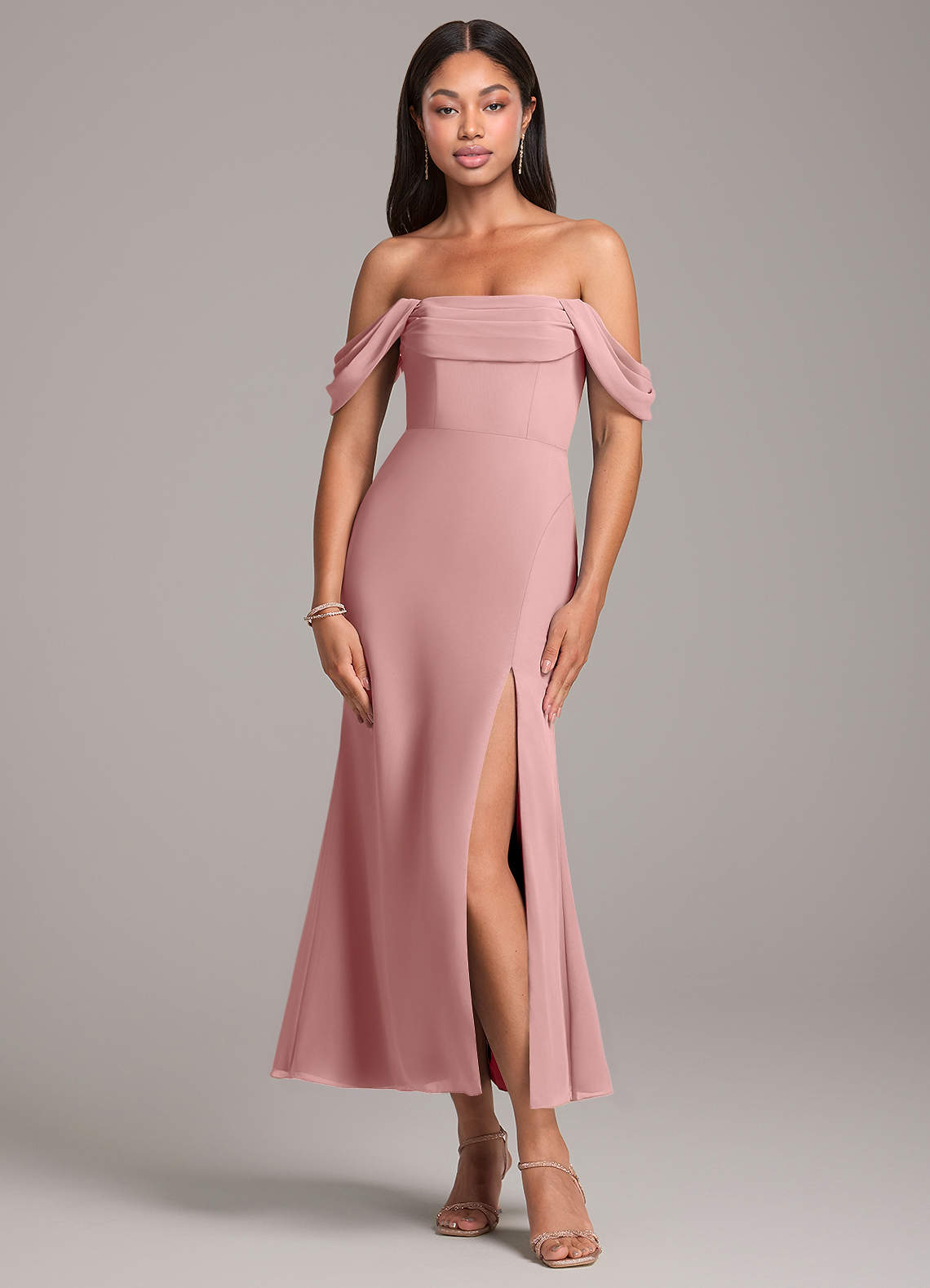 Azazie Saige Bridesmaid Dresses Dusty Rose Sheath Off the Shoulder Chiffon Convertible Dress image1