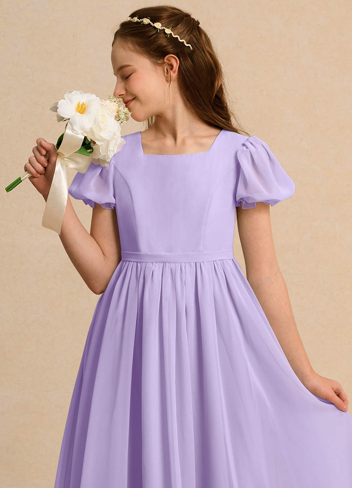 Azazie Joss Flower Girl Dresses Lilac A-Line with Sleeves Chiffon Dress image12