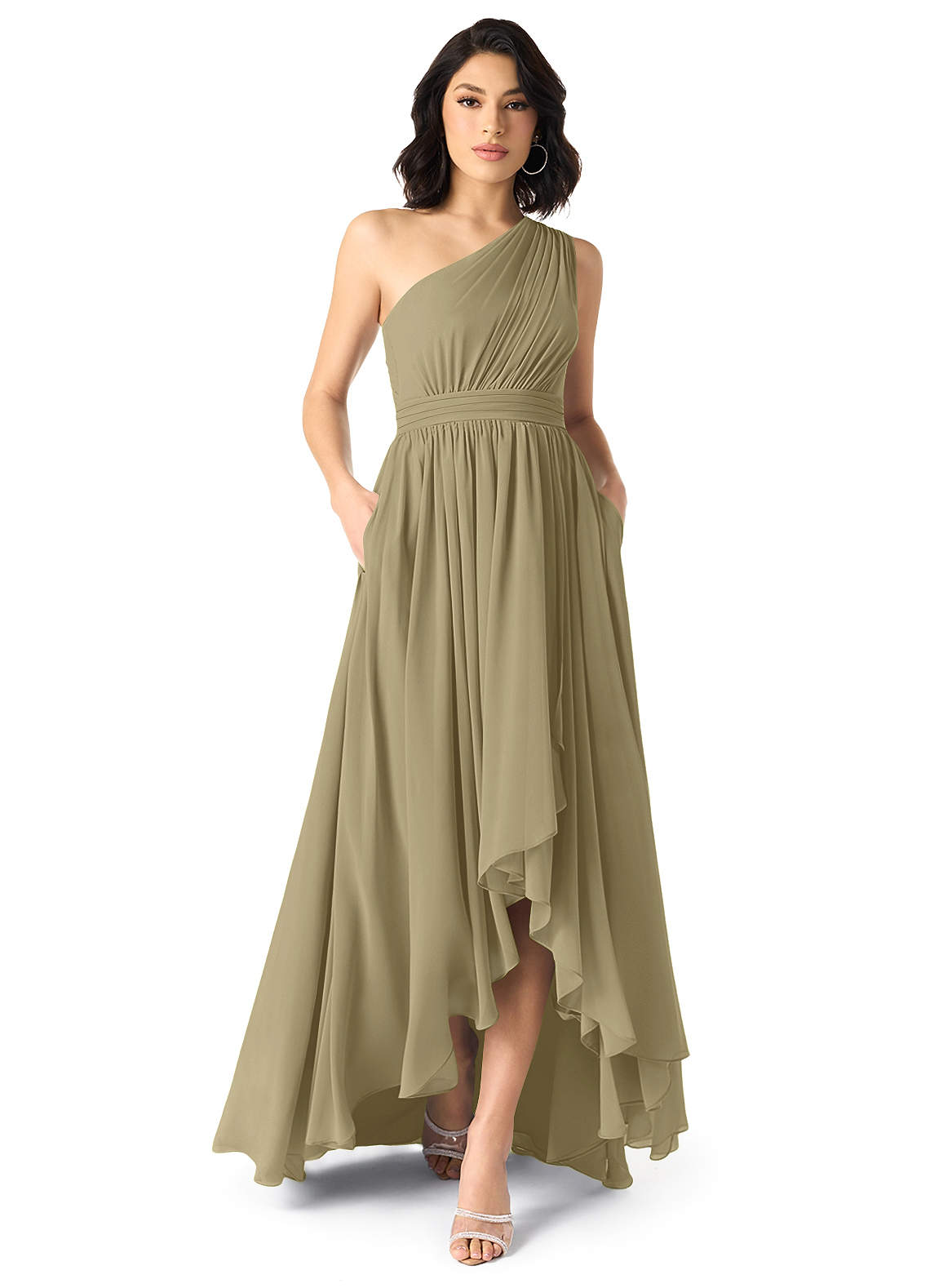 Azazie Mathilda Bridesmaid Dresses Moss Green A-Line One Shoulder Chiffon Dress image1
