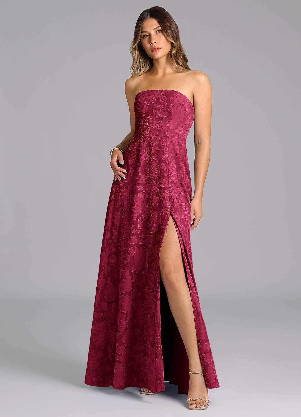 garden of romance burgundy floral burnout strapless maxi dress Eden Strapless Maxi Dress