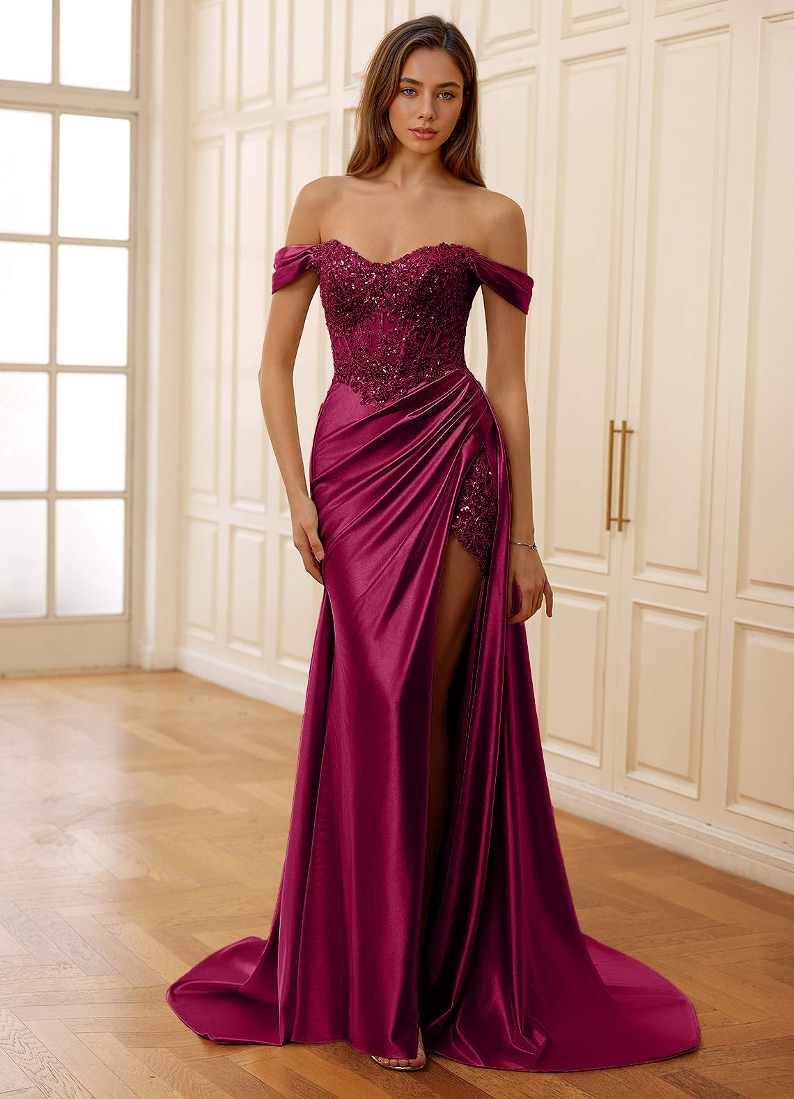 Azazie Burgundy Corset Beading Off The Shoulder Formal Dress