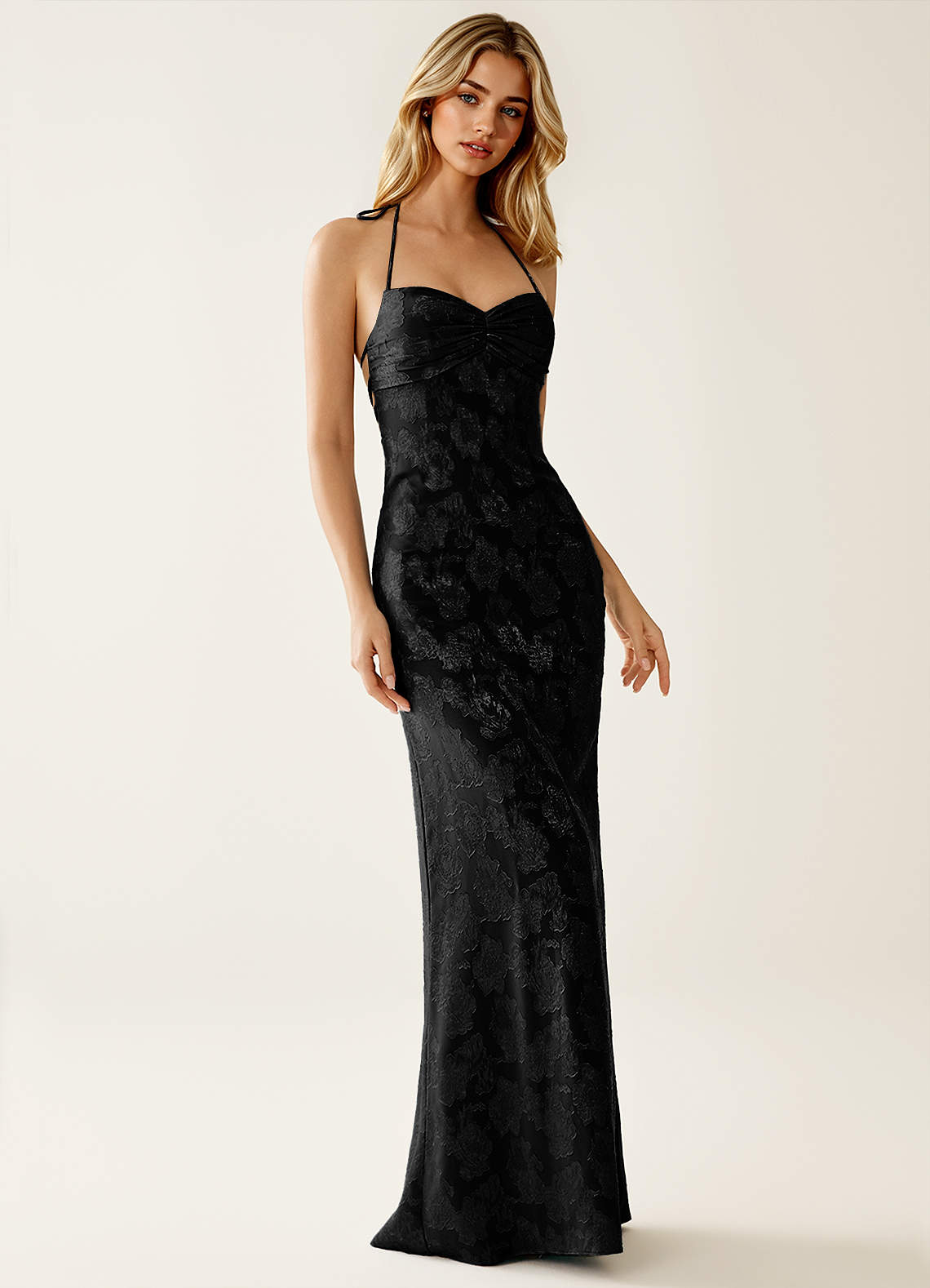 black jacquard bridesmaid dress Noir Midnight Navy Bow One-Shoulder Floral Metallic Jacquard Maxi Dress with Trumpet Skirt