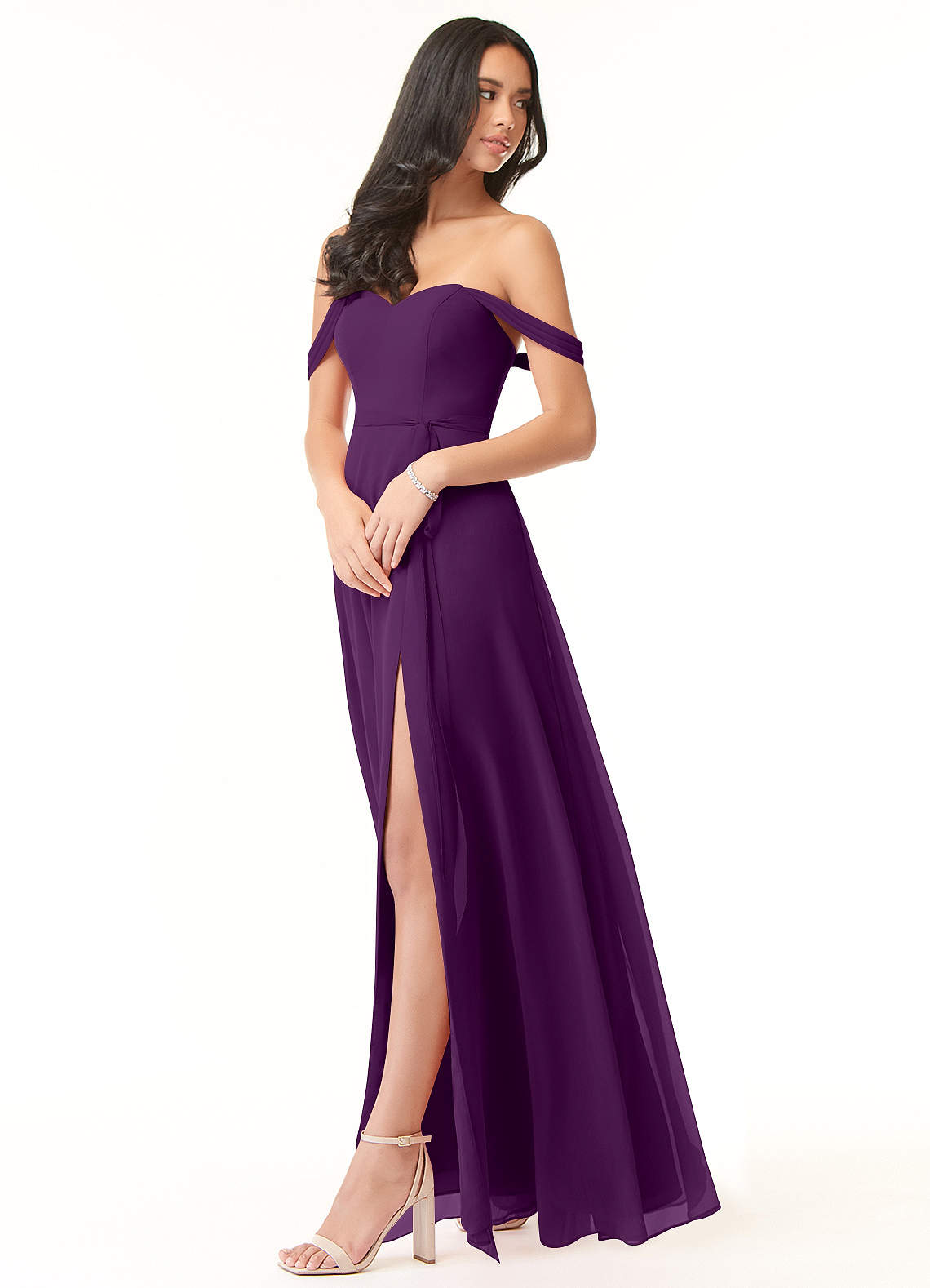 Azazie Aaron Bridesmaid Dresses A-Line Off the Shoulder Chiffon Floor-Length Dress image1