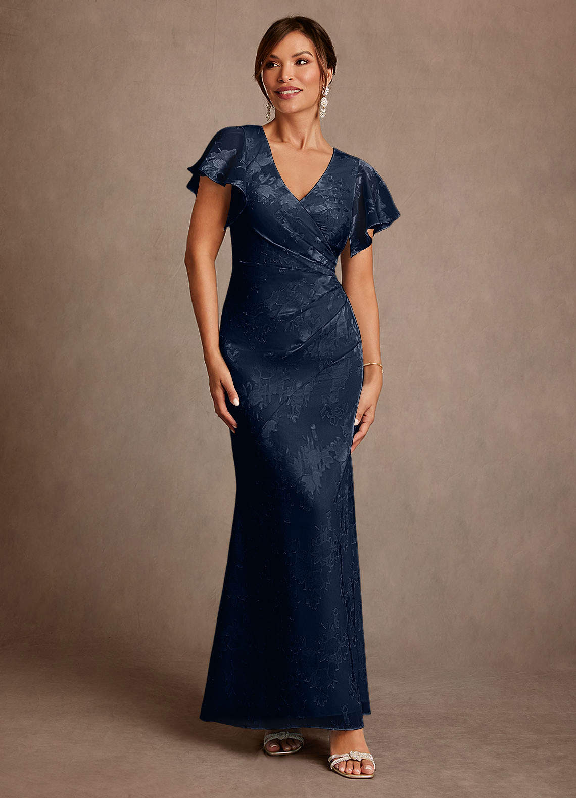 Azazie Dorina Dark Navy Sheath Pleated Floral Jacquard Dress | Azazie