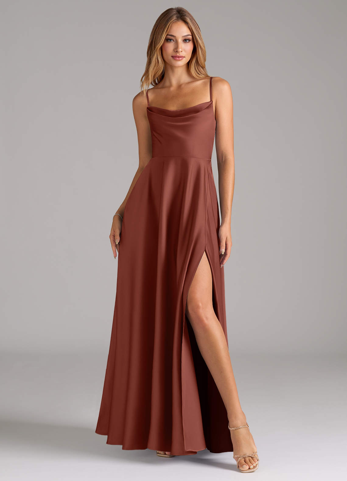 Azazie Elle Bridesmaid Dresses Auburn A-Line Pleated Stretch Satin Dress image3