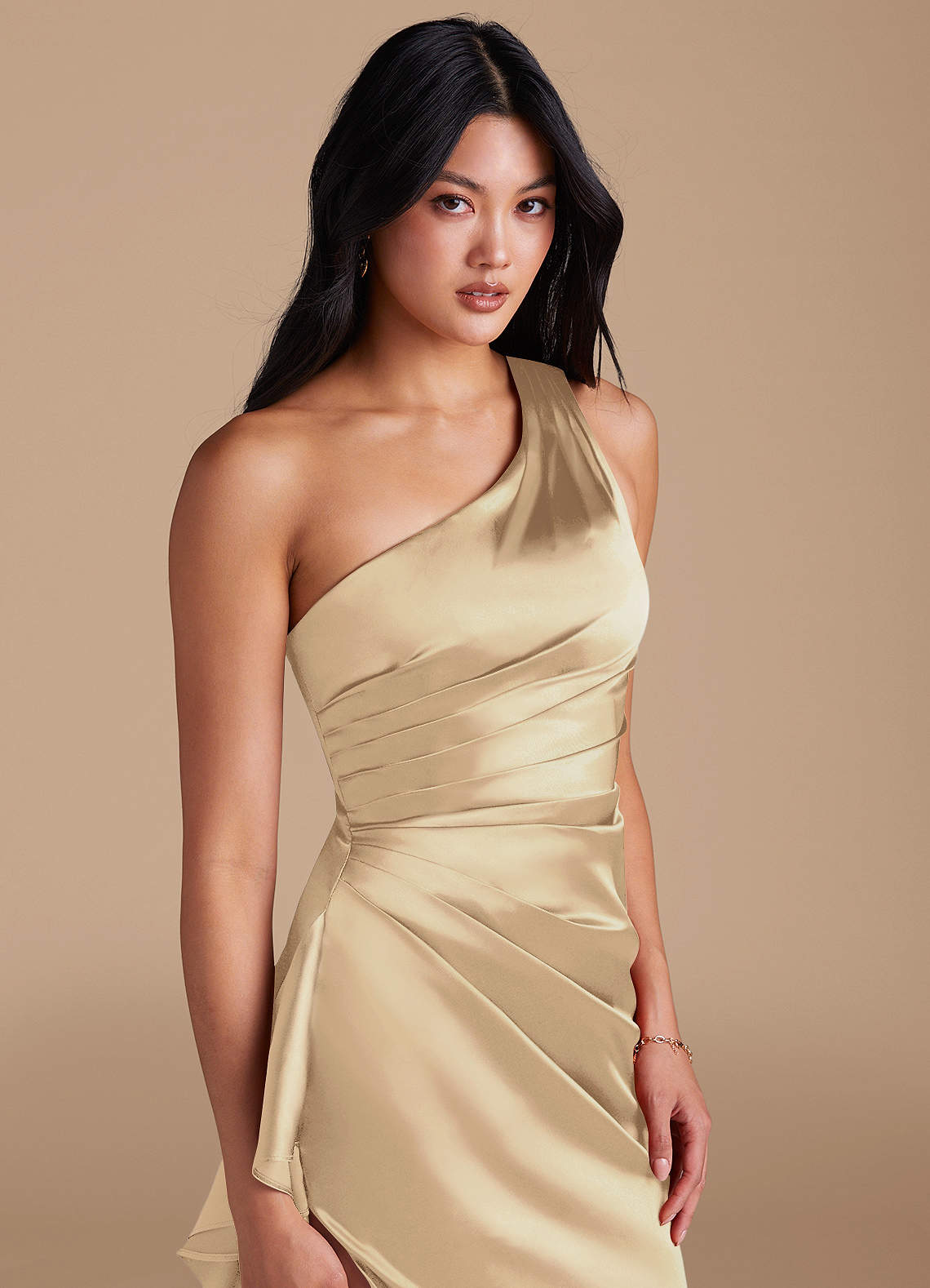 one shoulder champagne satin dress Ballbella One Shoulder Champagne Prom Dress Mermaid Slit Long
