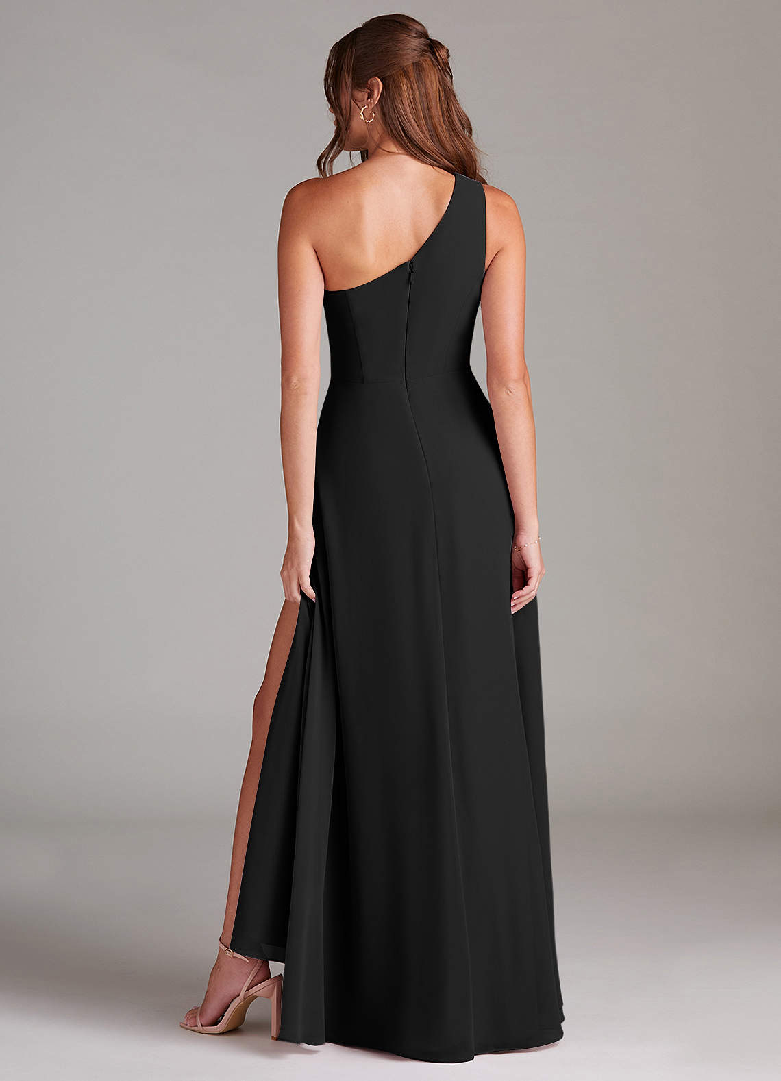 Azazie Brooke Bridesmaid Dresses Black A-Line One Shoulder Chiffon Dress image6