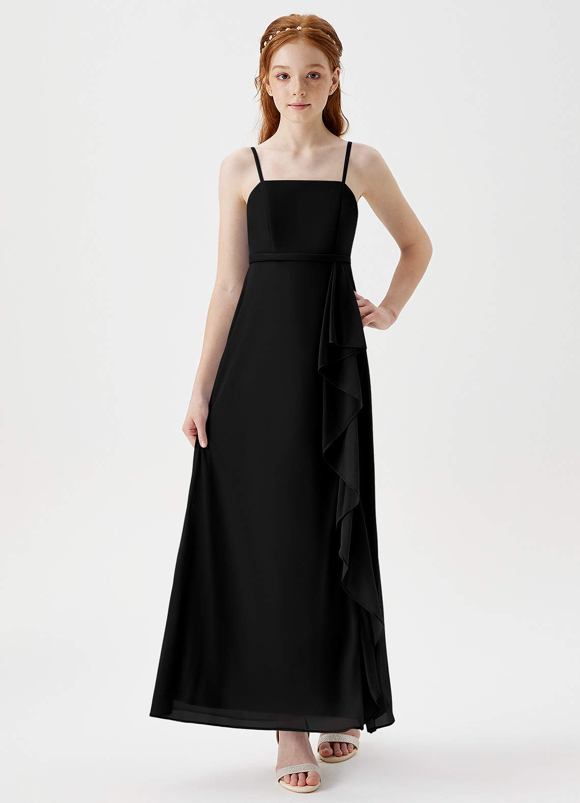Azazie Kaylee Junior Black A-Line with Belt Mesh Dress image1