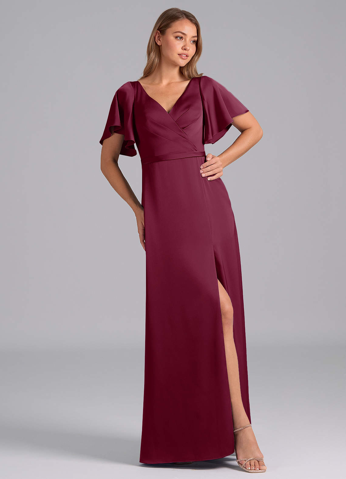 Azazie Ambrosia Bridesmaid Dresses Mulberry A-Line Pleated Stretch Satin Dress image3