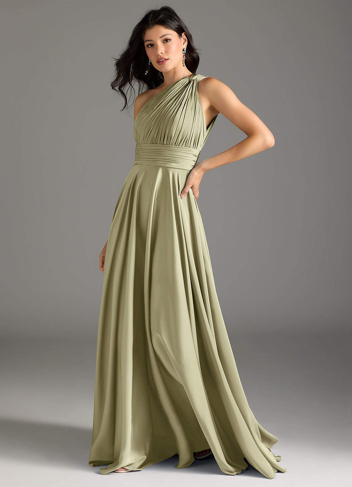 Azazie Charlize Bridesmaid Dresses Pistachio A-Line One Shoulder Stretch Satin Dress image3