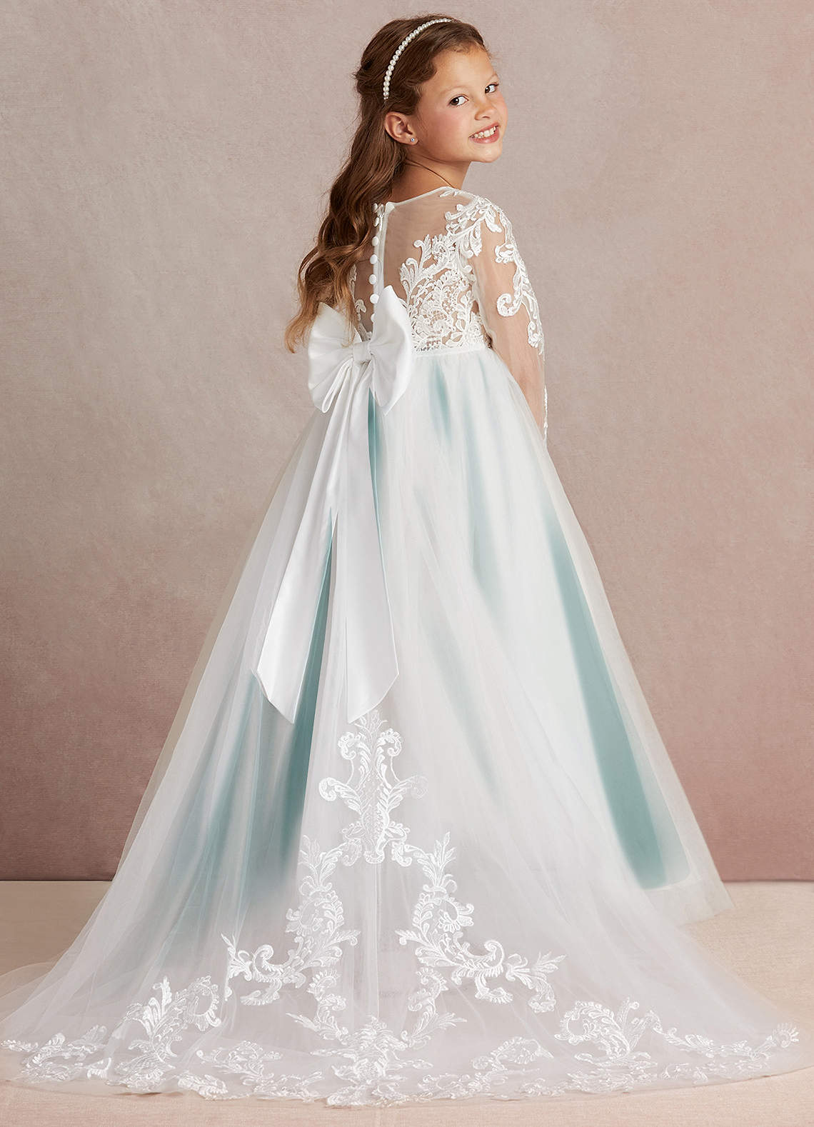 Azazie Elodie Blumenmädchenkleider Ballkleid Spitze Kleid Elfenbein Pfau image1