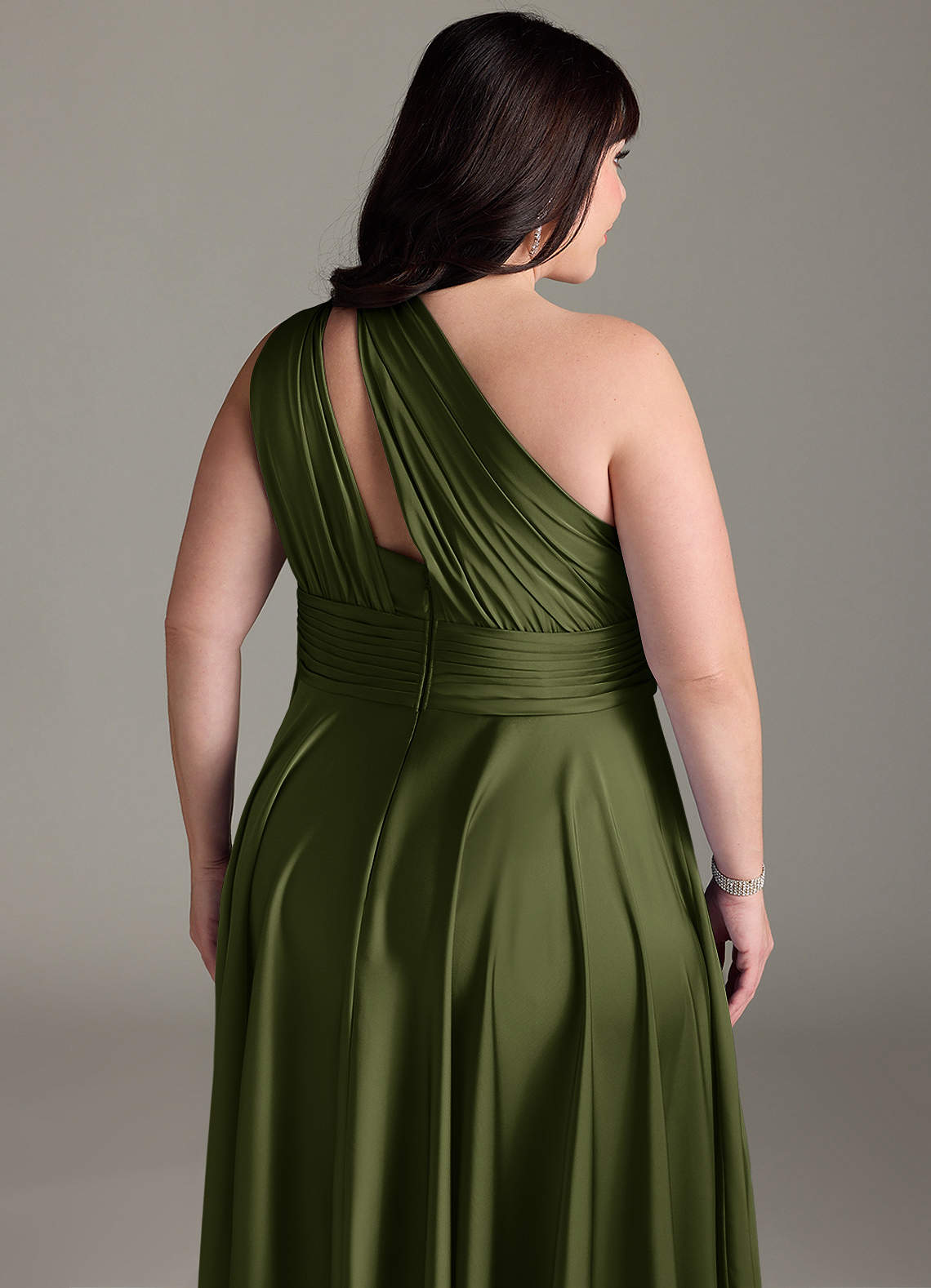 Azazie Charlize Bridesmaid Dresses Olive A-Line One Shoulder Stretch Satin Dress image15