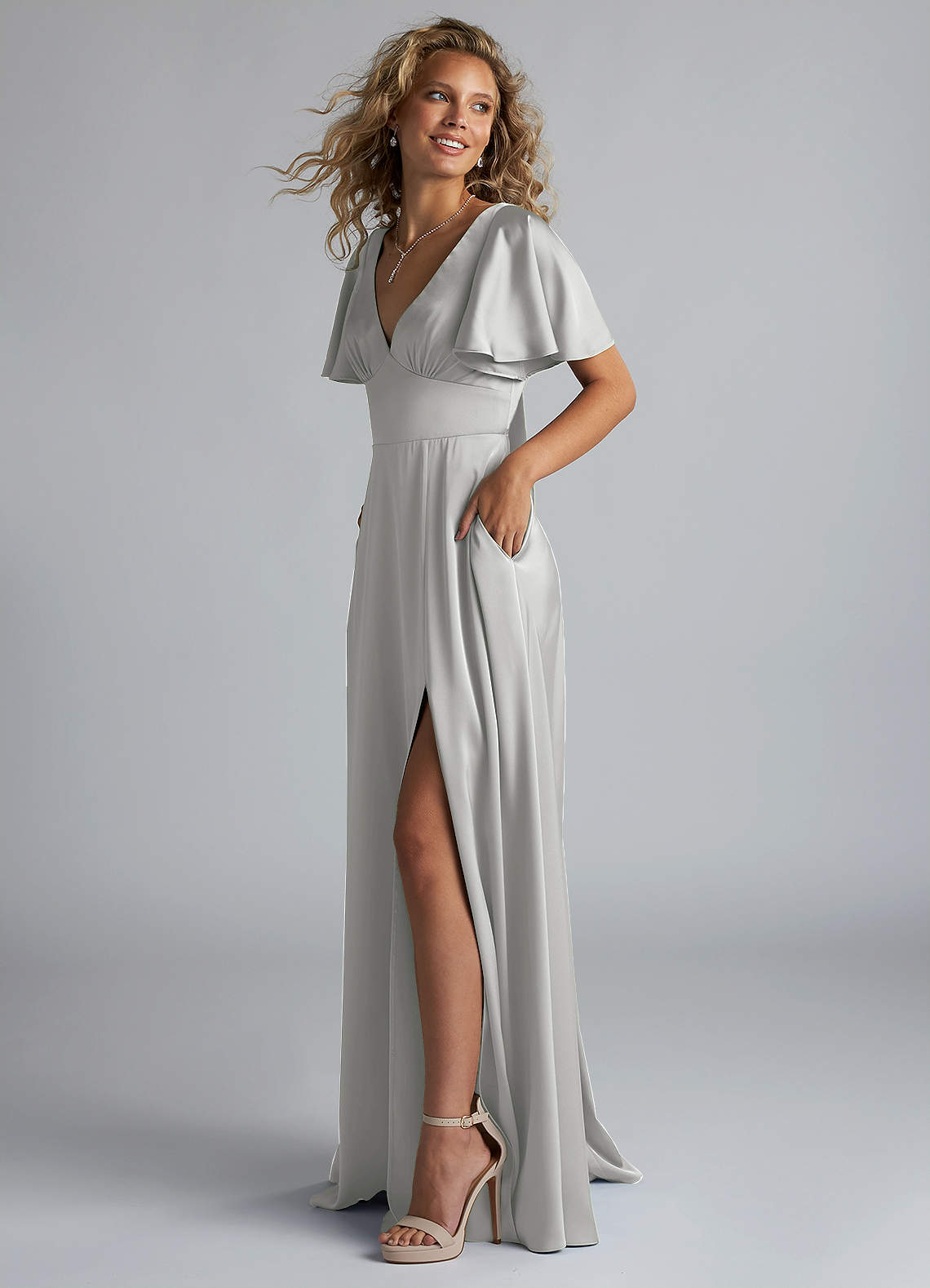 grey wrap bridesmaid dress grey satin dress Chi Chi Cami Wrap Style Satin Midi Dress in Grey, Size 14-parroquiadesanalbertomagno.com