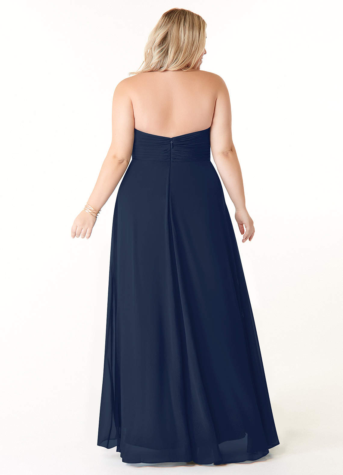 Azazie Tessie Vestidos de damas de honor Vestido de Azul Marino Oscuro de Gasa de Corte en A con Cuello en V plisado image6