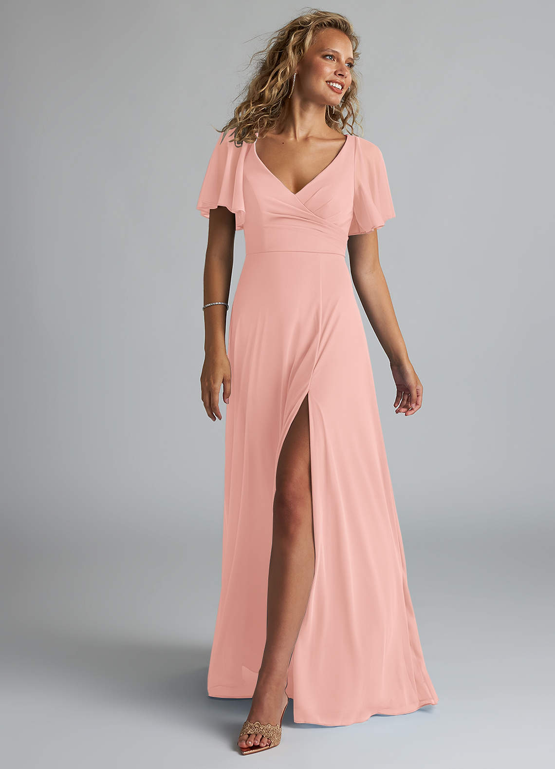 surplice mesh bridesmaid dress with peasant skirt Adrianna Papell 40391 Crossover Slit Surplice Bodice Dress