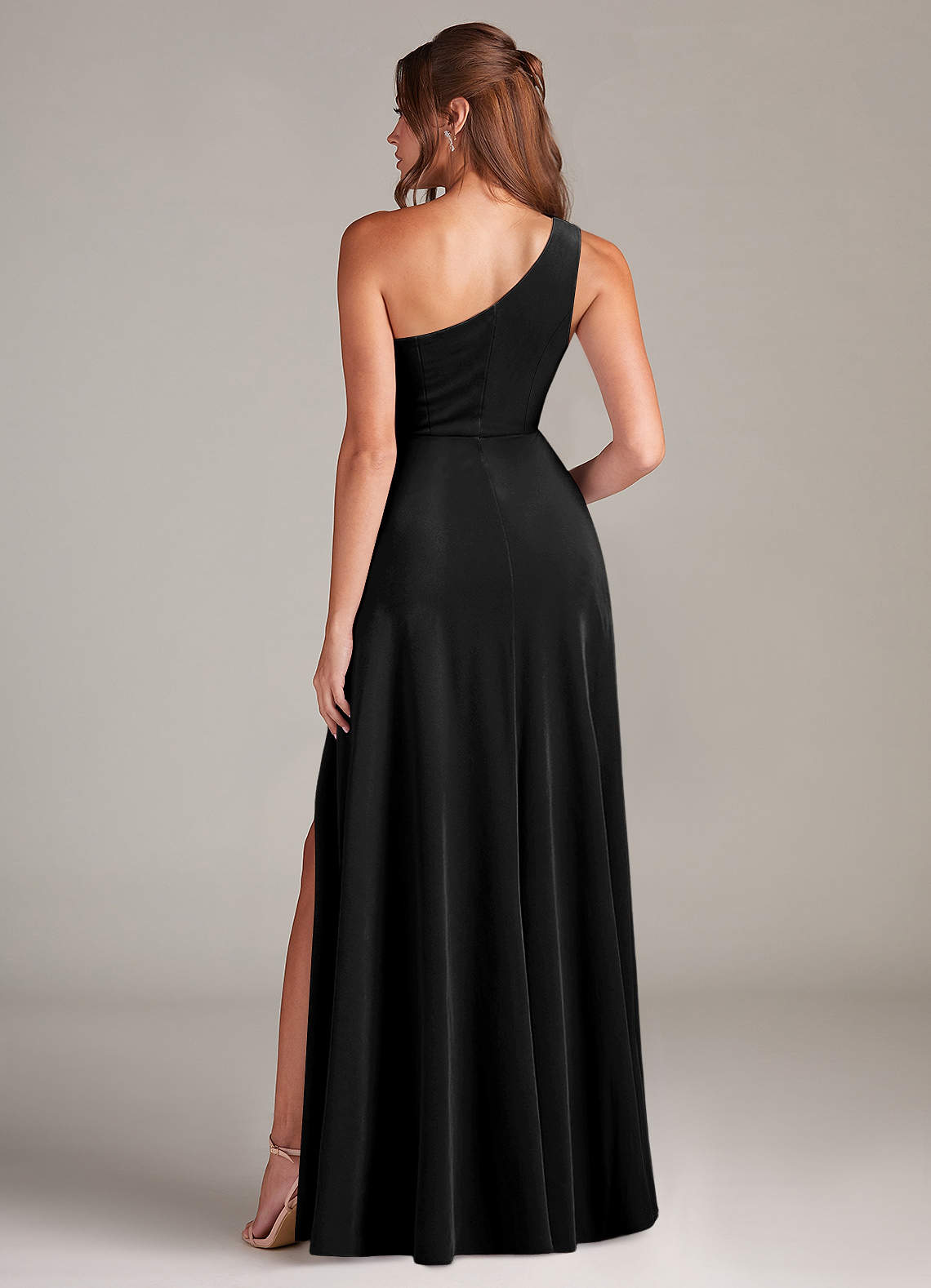 Azazie Brooke Bridesmaid Dresses Black A-Line One Shoulder Velvet Dress image4