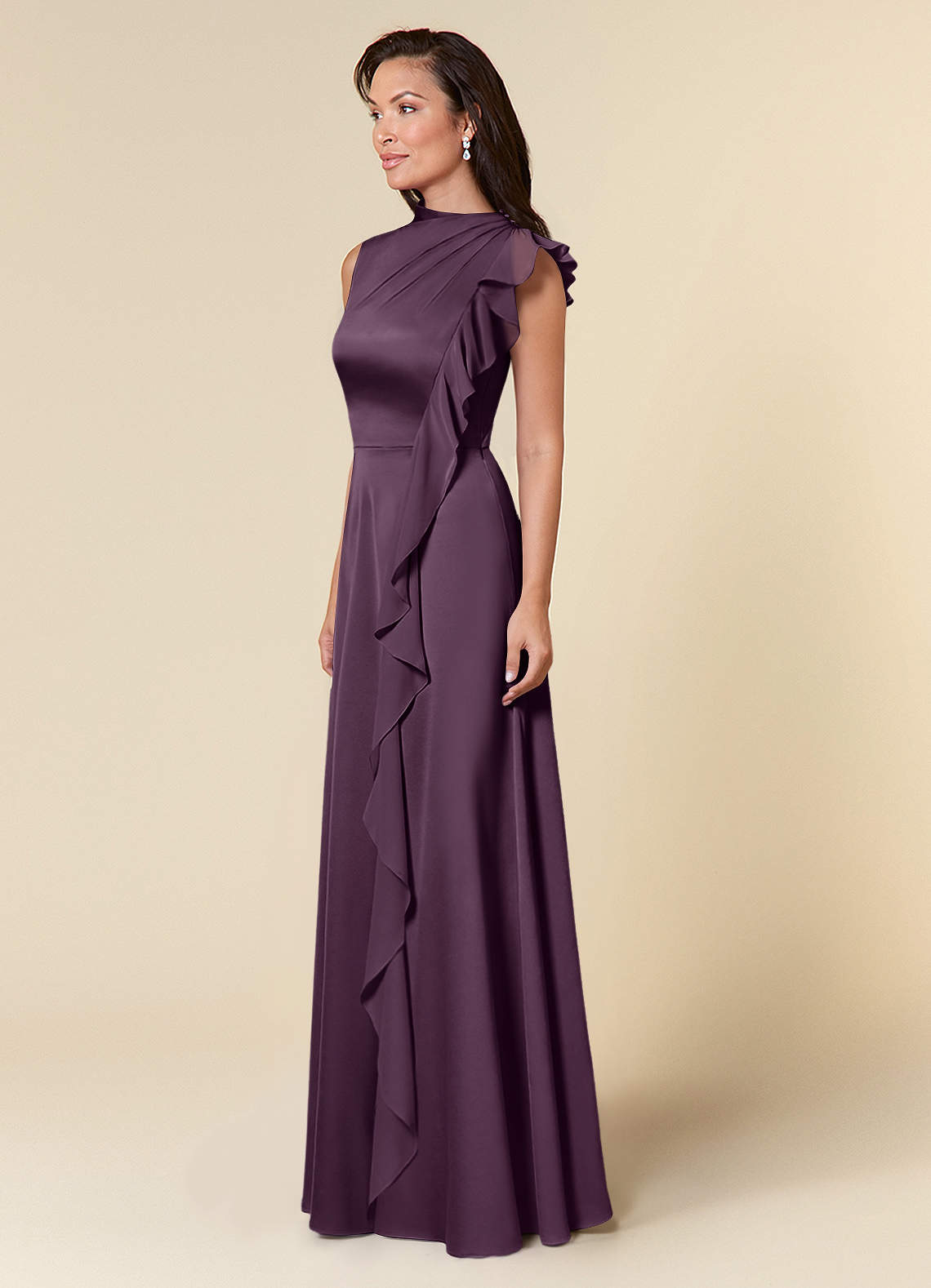 Azazie Narine Mother of the Bride Dresses Plum A-Line High Neckline Pleated Stretch Satin Dress image1