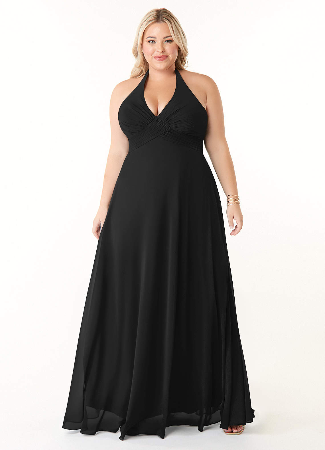 Azazie Tessie Vestidos de damas de honor Vestido de Negro de Gasa de Corte en A con Cuello en V plisado image5