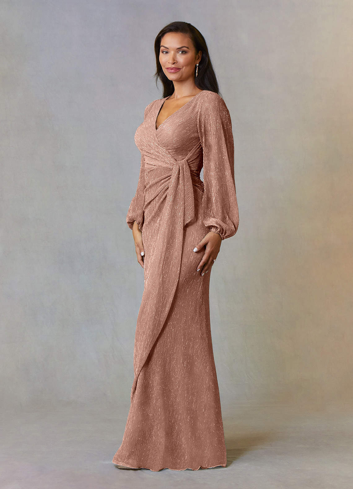 Upstudio Sterling Mother of the Bride Dresses Rose Gold A-Line Ruched Metallic Mesh Dress image1