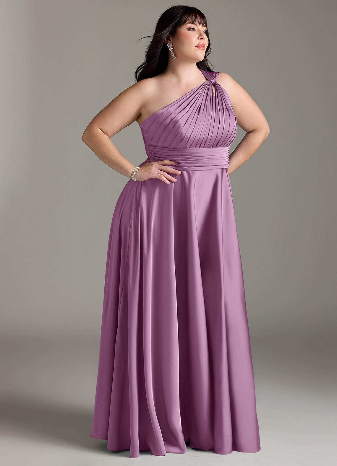 Azazie Charlize Bridesmaid Dresses Wisteria A-Line One Shoulder Stretch Satin Dress image11