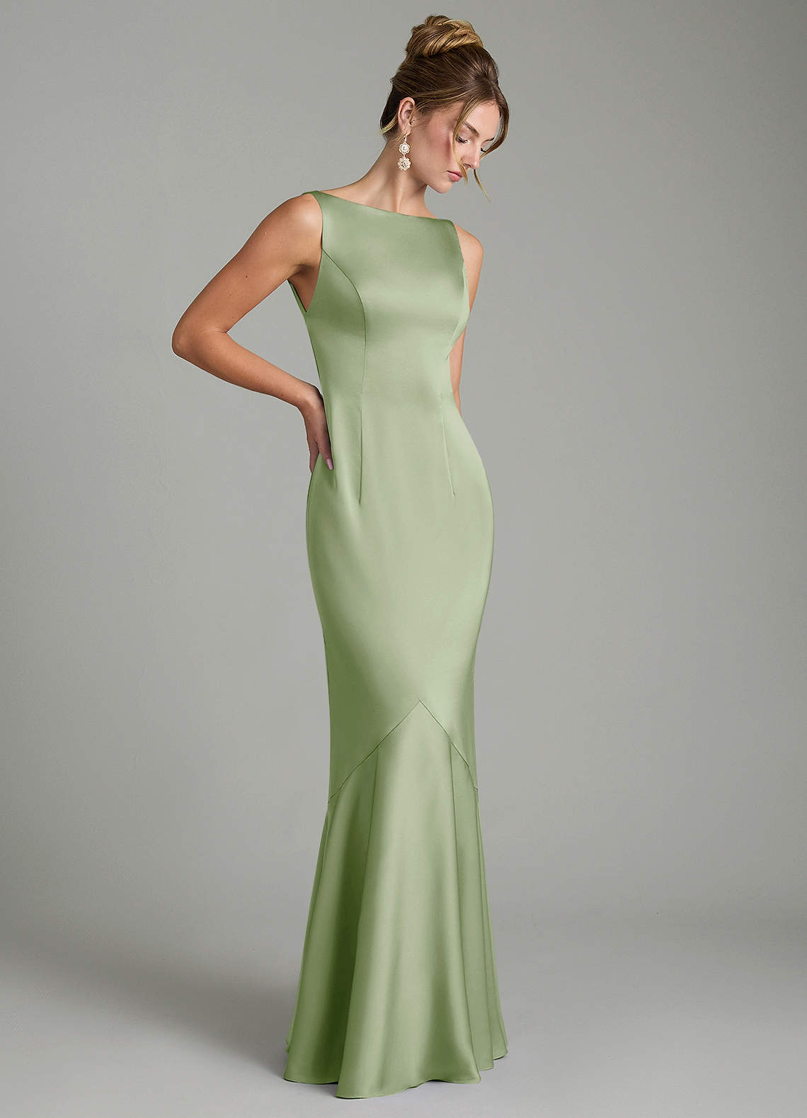 Azazie Tamera At-home Try On Dresses Dusty Sage Mermaid Pleated Stretch Satin Dress image6