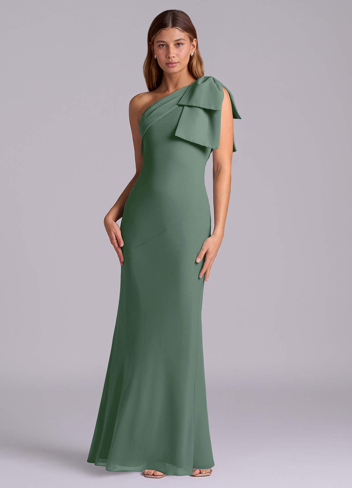 Azazie Yuanna Bridesmaid Dresses Eucalyptus Mermaid One Shoulder Chiffon Dress image3