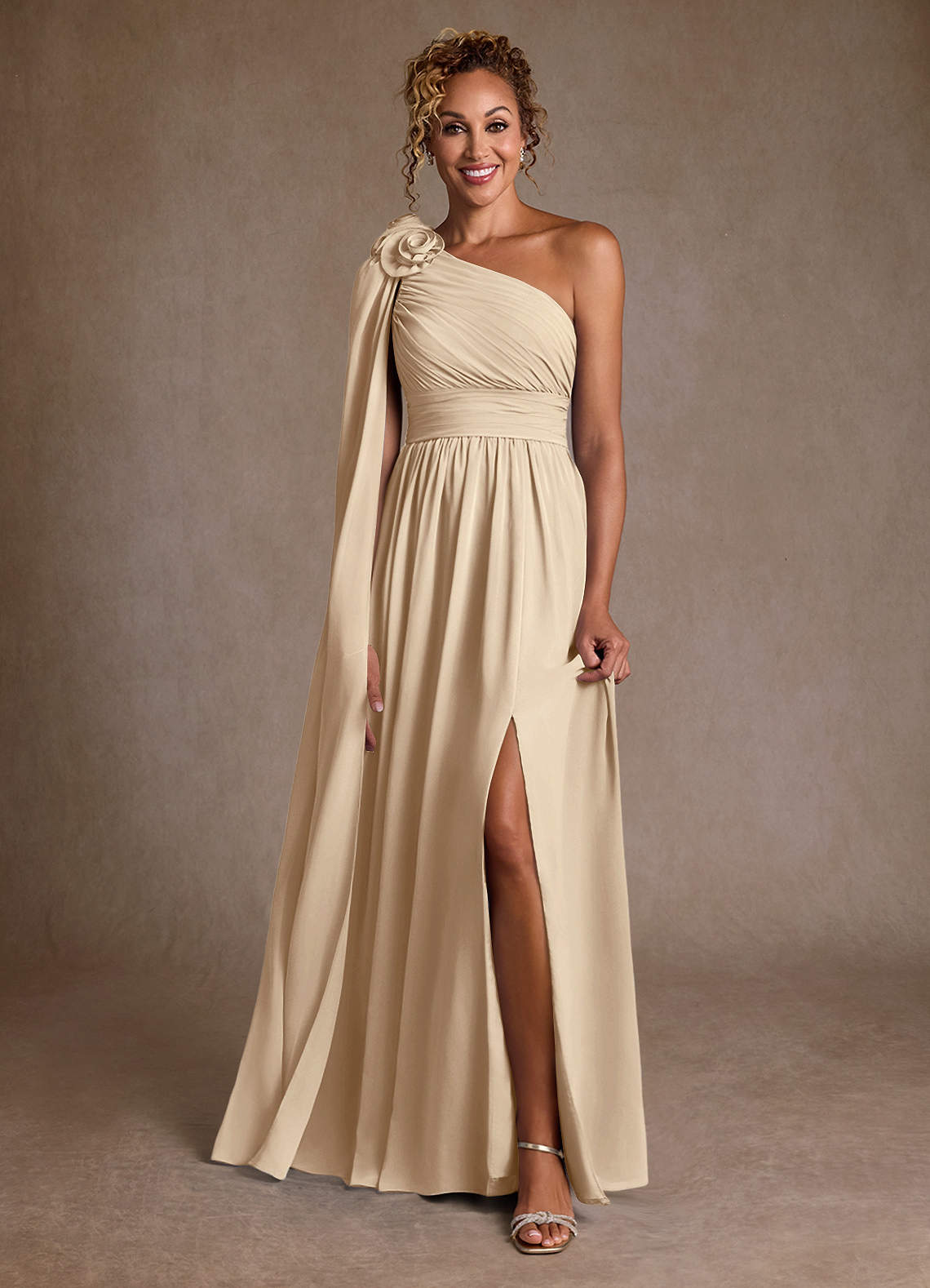 Azazie Lancaster Champagne A-Line One Shoulder Chiffon Dress | Azazie
