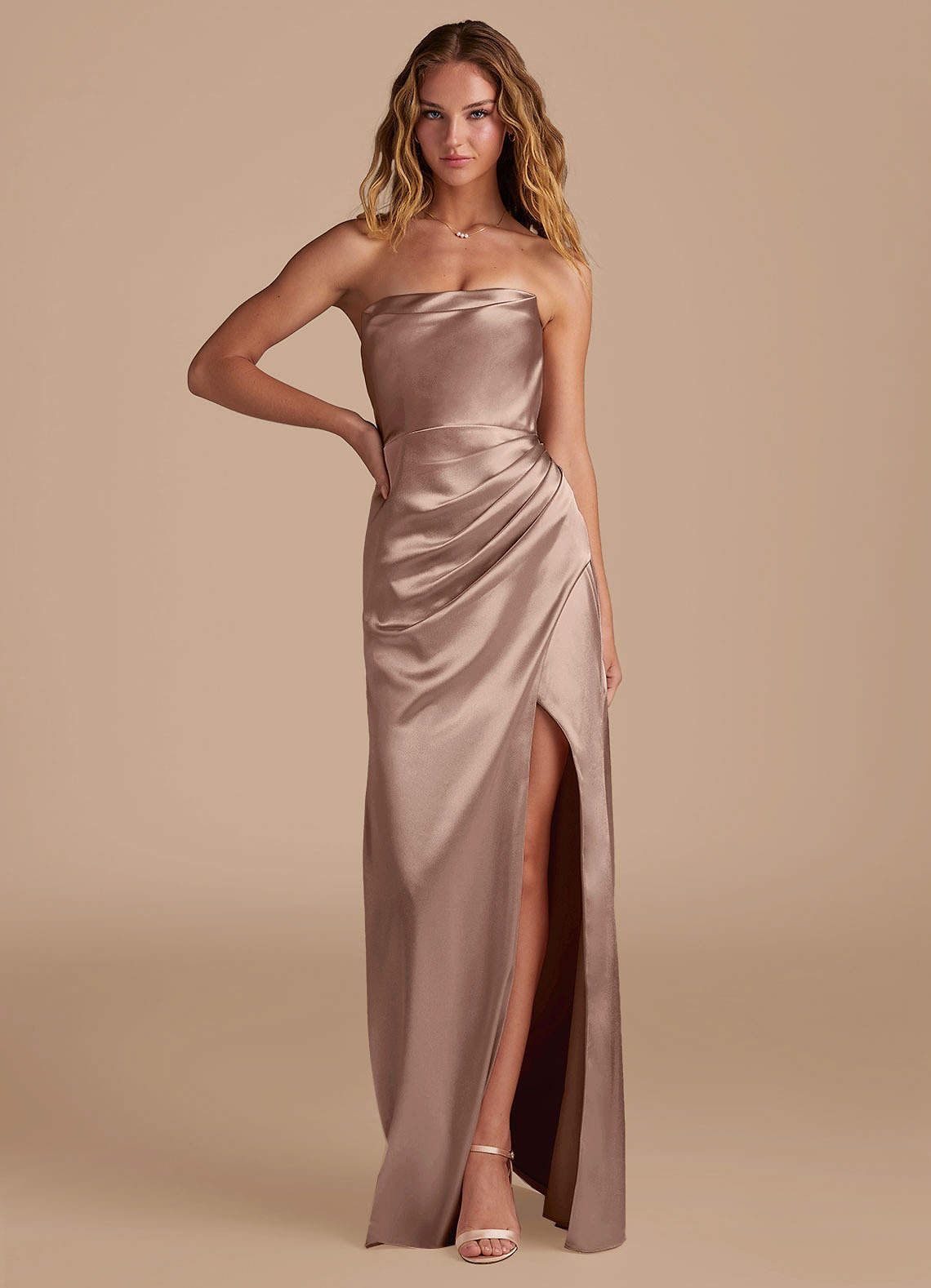 Azazie Leonis Bridesmaid Dresses Taupe Mermaid Pleated Metallic Satin Convertible Dress image1