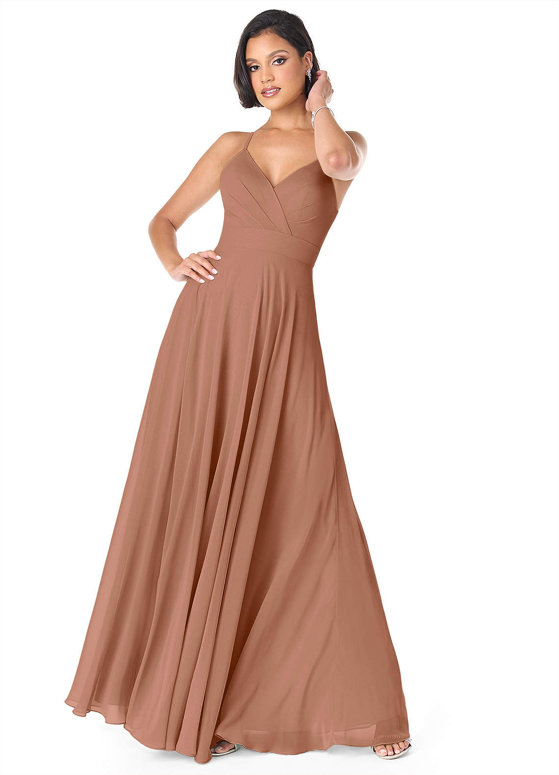 Azazie Avelina Bridesmaid Dresses Bronzer A-Line V-Neck Pleated Chiffon Dress image1