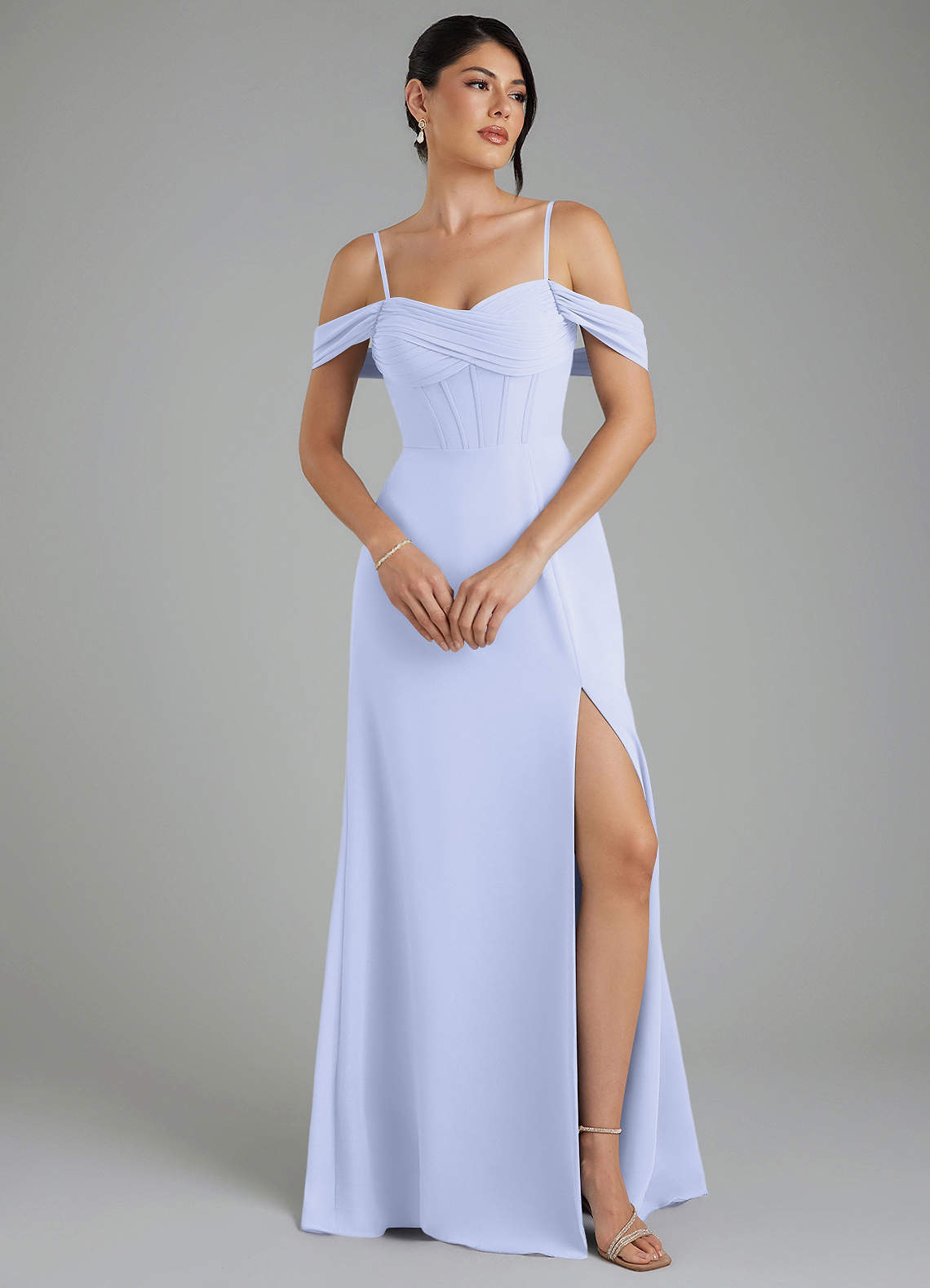 lavender off the shoulder bridesmaid dresses Azazie Kassandra