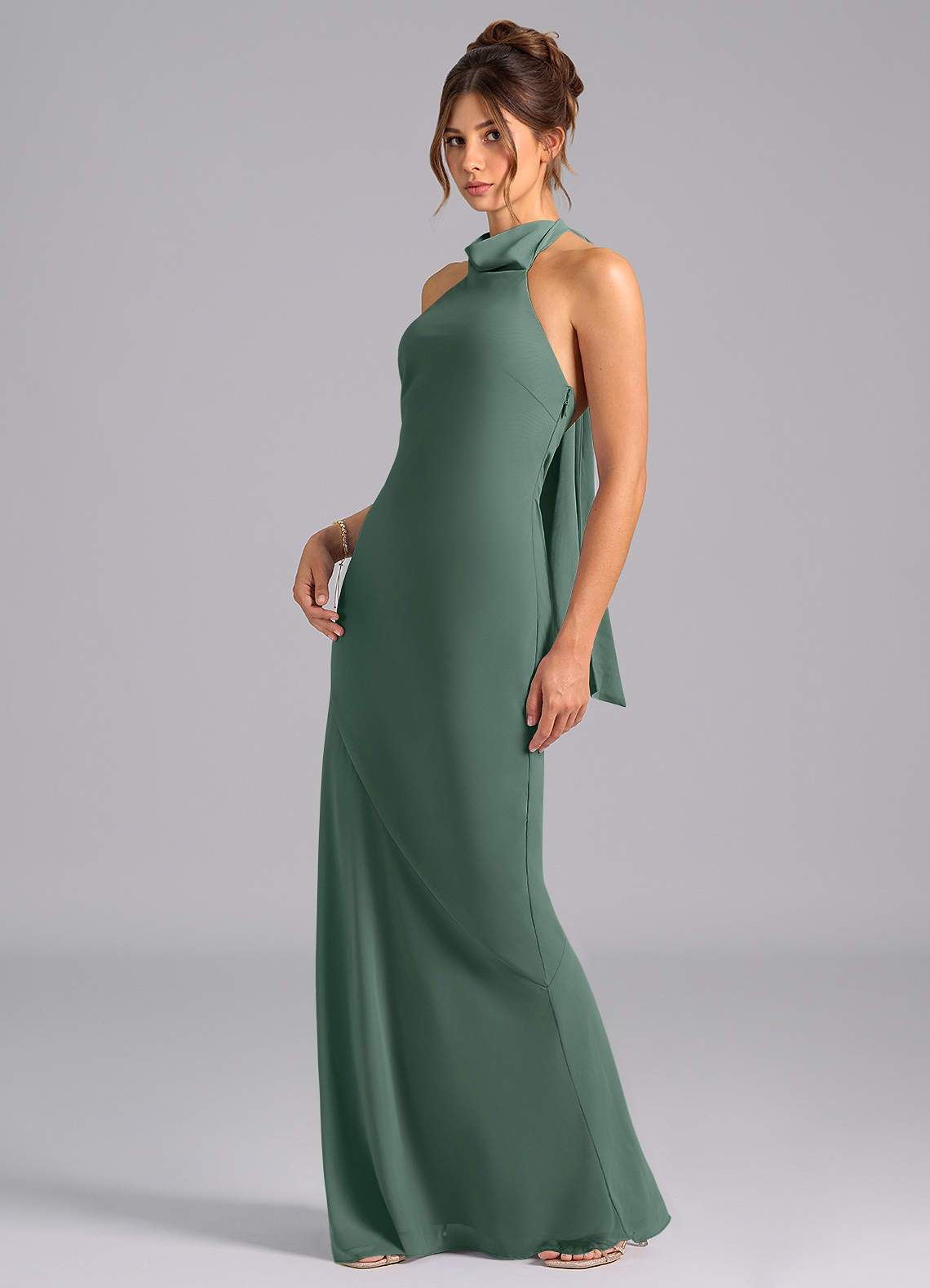 Azazie Velli Bridesmaid Dresses Sea Moss Mermaid High Neck Chiffon Dress image1