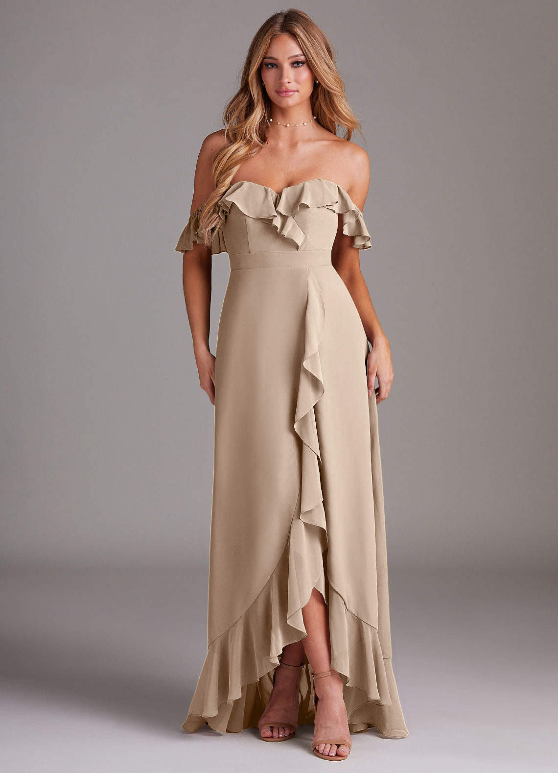 Azazie Lyra Bridesmaid Dresses Taupe A-Line Chiffon Convertible Dress image1