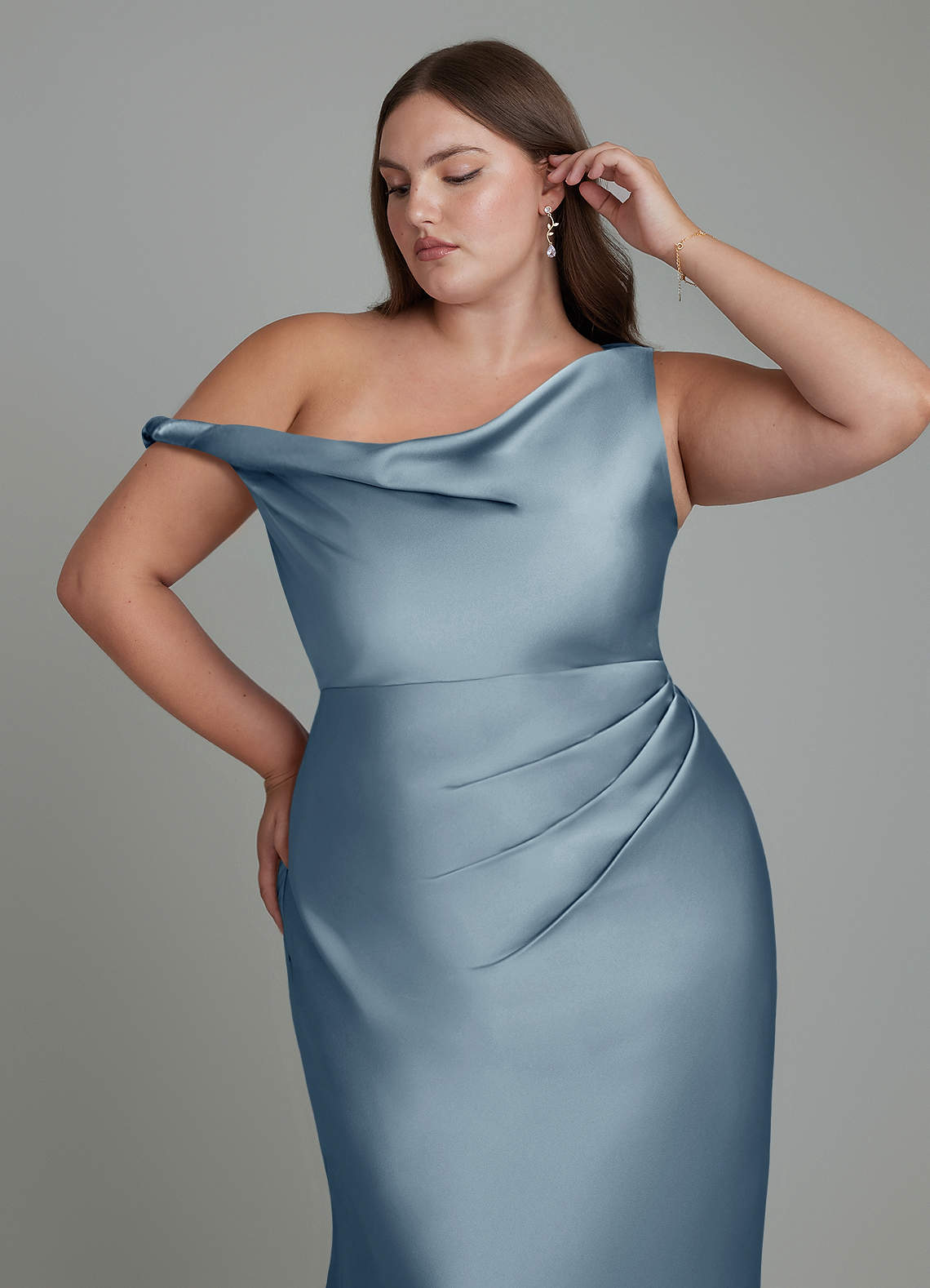 Azazie Emerson Bridesmaid Dresses Dusty Blue Mermaid Off the Shoulder Stretch Satin Dress image11
