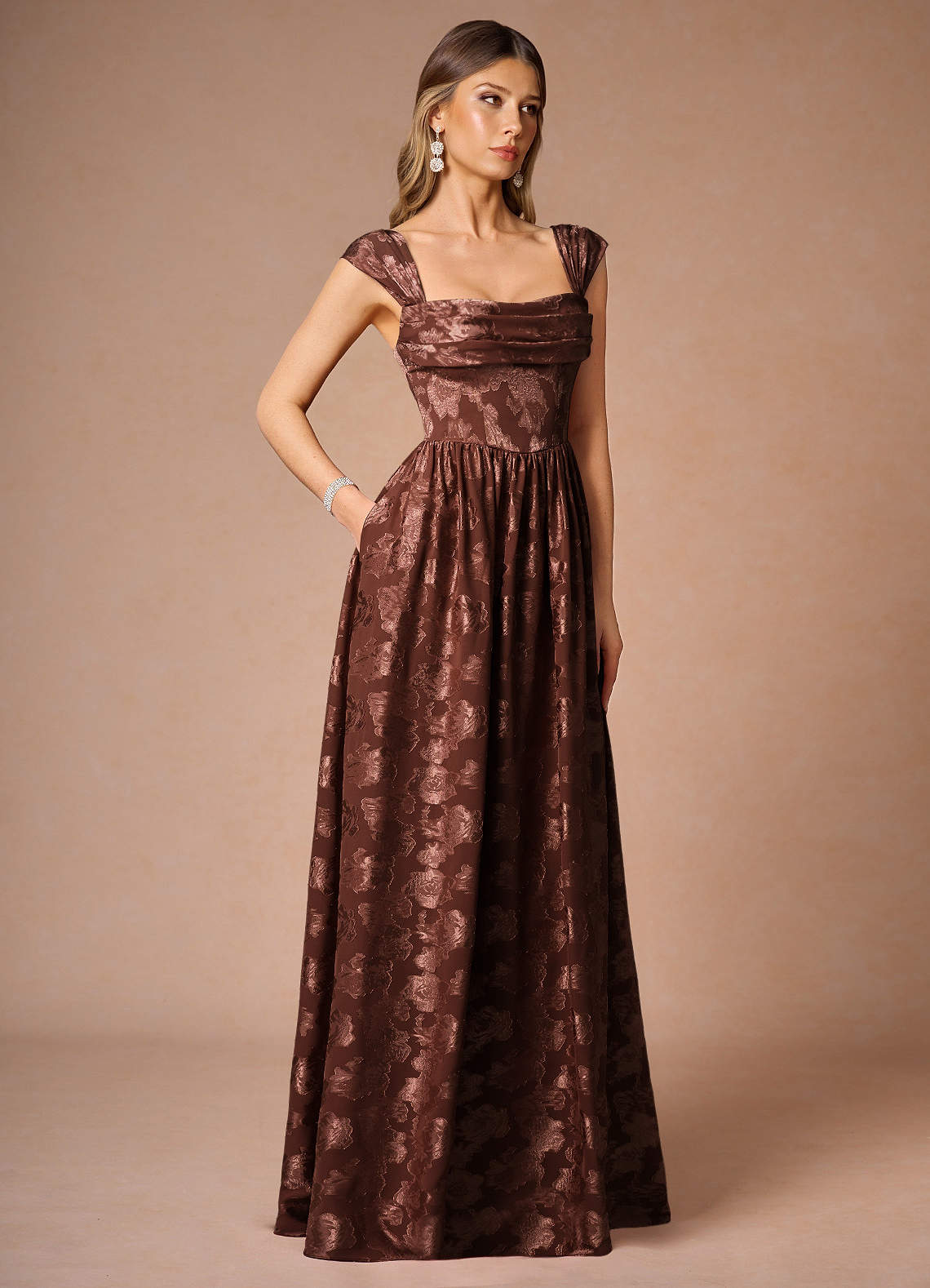 Hazel Mocha Coco Pleated Maxi Dress | Azazie