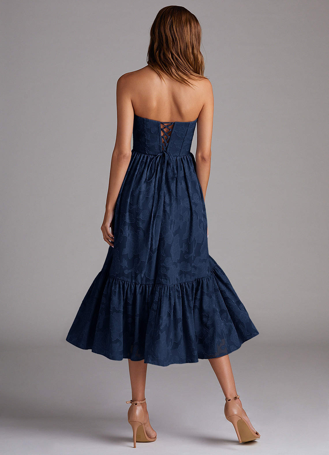 Azazie Delphina Bridesmaid Dresses Dark Navy A-Line Strapless Floral Burnout Dress image1