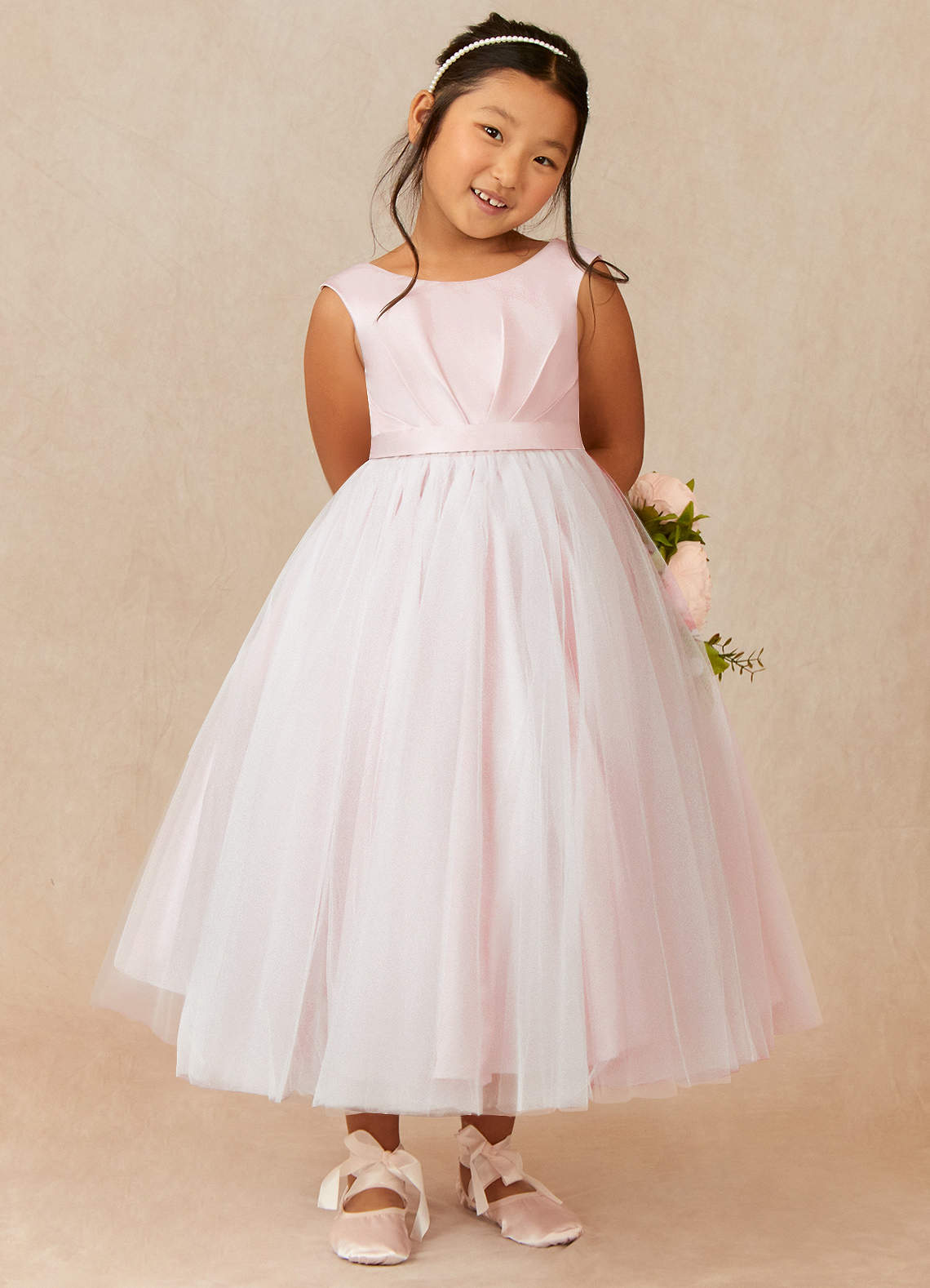 Azazie Bee Flower Girl Dresses Blushing Pink Ball-Gown Pleated Tulle Dress image1