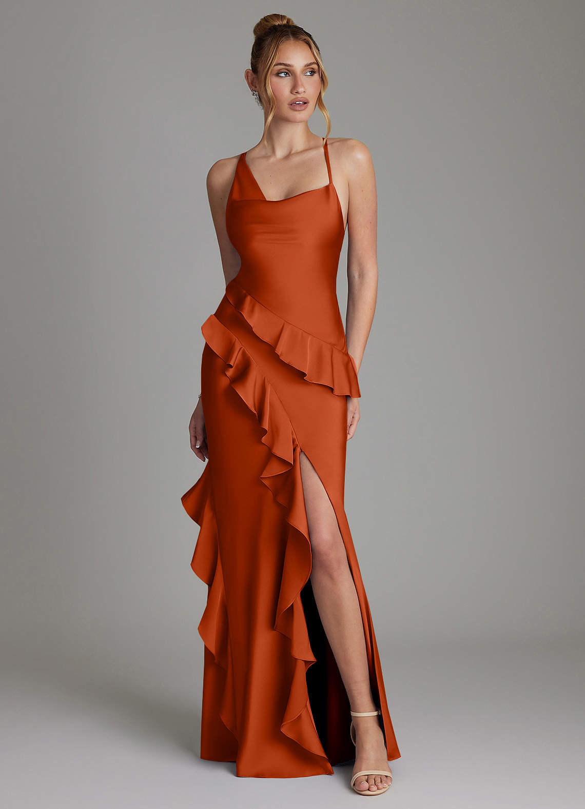 Azazie Jayda Paprika Stretch Satin Bridesmaid Dresses | Azazie